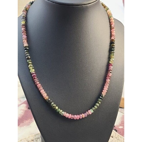 Watermelon Tourmaline Necklace 18" Faceted Gemstone Beads Handmade 925 Silver - Picture 1 of 5